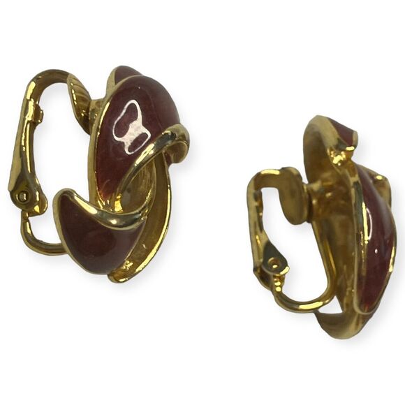 Susan Caplan VTG Clip on Earrings Gold Plated and Red Enamel Swirl Studs 80s - Picture 2 of 5
